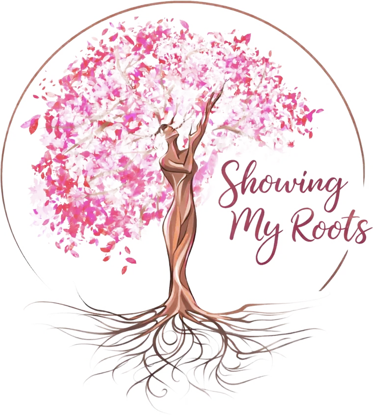 The Showing My Roots tree: a woman rising from deep roots into a canopy of pink blossoms